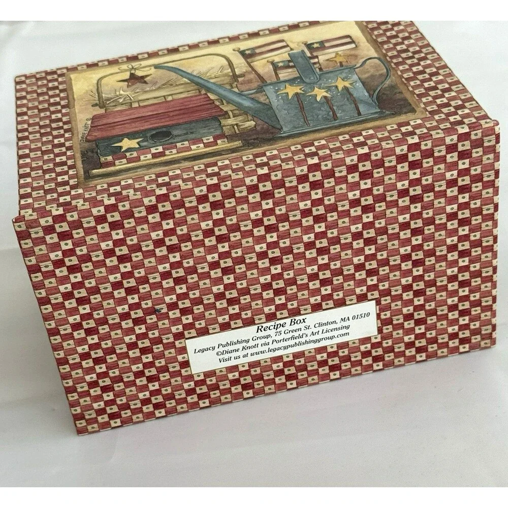 Vtg Diane Knott Art Recipe Box Dividers Patriotic Americana Folk Art Kitchen